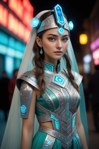 1girl,(Nordic girl),
 Kazakhstan's cyberpunk-inspired traditional wedding attire, sleek colorful fabrics replace traditional textiles, with intricate circuitry patterns adorning the garments. The bride's gown angular lines reminiscent of futuristic armor, embellished with holographic accents and LED lights,such as illuminated accessories and augmented reality displays embedded in his headgear,Pakistani dress