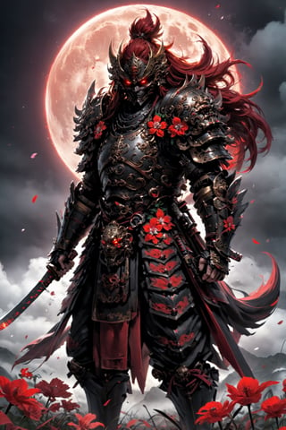 oni-musha,long red hair, box-shaped heavy japanese armour, holding katana,Oni mask,japanese armour,glowing red eyes,
gauntlet,vambrace, shoulder armor, japanese clothes,,helmet,fighting stance,
something indistinguishable or indistinct, (like clouds in the moon and wind in the flowers),
,kabuki,samurai,bl1ndm5k,warrior