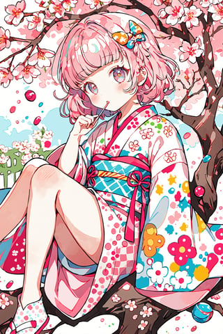 children's doodle style,
Colorful pop art, candy pop, lollipop punk, brightly colored berry beans, Konohanasakuya-hime seated gracefully beneath a blooming peach tree. She wears a traditional kimono with soft pink and white floral patterns, her hair adorned with fresh blossoms,dal-6 style,Color Splash,dramaticwatercolor,