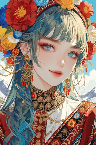 A woman of Scandinavian descent, long beautiful colorful candy hair, blue eyes, perfect beauty, wearing a beautiful traditional Tajik bridal costume.The luxurious dress is intricately embroidered in gold and red and is very colorful. full of happiness,
,emo,hubggirl,Rainbow haired girl 