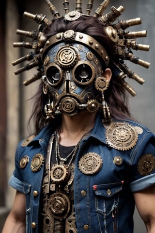 "Generate an image through StyleGAN featuring Tezcatlipoca in a steampunk-inspired design. Envision the Aztec deity with steampunk elements such as gears, cogs, and brass accents seamlessly integrated into the traditional attire. Picture the denim jacket adorned with both metal band logos and steampunk embellishments, creating a fusion of ancient Aztec mythology, thrash metal fashion, and steampunk aesthetics. Strive for a composition that brings together the richness of these diverse influences in a visually intriguing and harmonious manner."