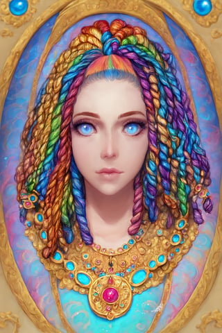 ultra Realistic,1 Girl,Beautiful Blue eyes,Detailed and beautiful iris,
 with crazy alternate hairstyle, amazingly intricately (dreadlocks:1.5
),colorful color hair, each braid painstakingly created,decorated with delicate accessories and beads, hair dark gold and black in color,aesthetic,Rainbow haired girl ,FlowerStyle,Score_9