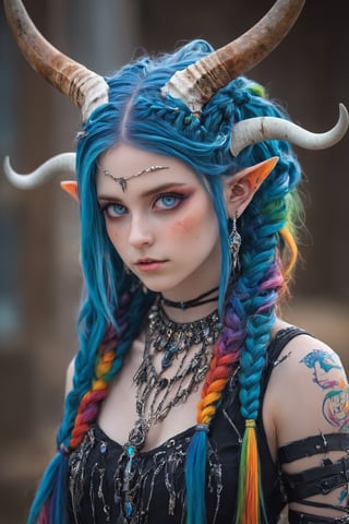 ultra Realistict, demon girl, (Complex Longhorn: 1.2) ,crazy alternate hairstyle, amazingly intricately (dreadlocks) hair,colorful color hair, each braid painstakingly created,decorated with delicate accessories and beads,aesthetic,Beautiful Blue eyes, ,Rainbow haired girl ,bj_Devil_angel,dal-1