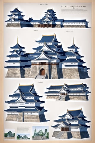 (realistic, photo-Realistic),
sketches  Design Sheet,detailed and realistic architectural blueprint of Nagoya Castle, Capture the intricate castle's design, including the ornate roofs, intricate wooden structures,, while infusing the overall image with the subtle elegance,The goal is to produce a visually stunning and harmoniously detailed representation of Nagoya Castle,",bl3uprint