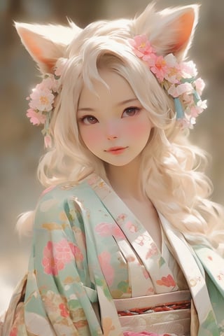 beauty albino fox girl,fox ear, adorned in a stunning fusion of Rococo and traditional Japanese fashion,Her kimono is intricately designed with elaborate Rococo patterns, featuring pastel hues and delicate floral motifs. The silhouette of the kimono is accentuated with layers of voluminous fabric, creating a regal and graceful appearance. Completing her ensemble, she wears accessories such as a decorative obi belt ,ichika