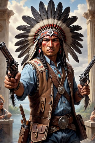 Hard-boiled atmosphere, oil art,1man, young Native American warrior,A sharp gaze full of anger, anger face, traditional Native American costume, war bonnet, eagle feather,Dual pistol in each hand,strikes a dynamic Akimbo pose,Dual_wield,Oil painting of Mona Lisa ,abmhandsomeguy,dual pistols