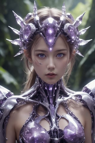 A cyborg girl, with amethyst eyes, a fusion of technology and nature, sleek metallic frame and organic components, enchanting and mysterious at the same time. Reminiscent of a precious gemstone, its eyes radiated an otherworldly radiance that hinted at the complexity of its inner workings..,Amethyst ,Crystal game props,cyborg