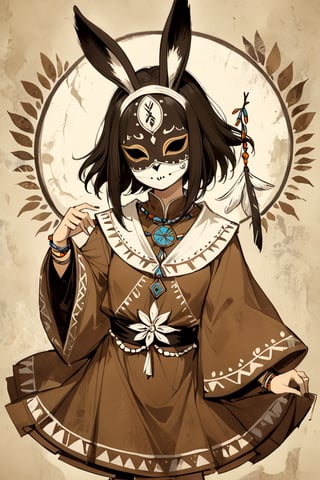 fairy tale illustrations,Simple minimum art, 
myths of another world,
pagan style graffiti art, aesthetic, sepia, ancient Russia,
A female shaman,(wearing a rabbit-faced mask),