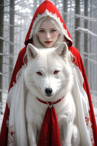 Deep in a magical forest,1 nordic girl, albino Little Red Riding Hood, (and pure white large wolf),1 wolf, wrapped in an intricate red cloak decorated with delicate lace, Red Riding Hood, Pure White Wolf standing by, Gosperson, Dal, Cnd.,InkyCapWitchyHat,niji6