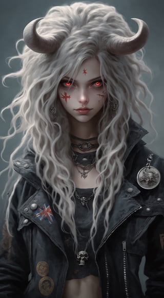 (intricate demon horns:1.2),((Full body shot:1.2)) ,albino demon girl with enchantingly beautiful, alabaster skin, A benevolent smile,girl has Beautiful deep red eyes,soft expression,Depth and Dimension in the Pupils,
BREAK,
edgy punk rock fashion ensemble, complete with Ratty dreads, More patchs, Crust core, anti union flag design, dirty torn studded leather jacket, hardcore Punk Style jacket, lot Punk badge, dirty black leather pants, dirty long torn leather bootsstuds, and unconventional accessories