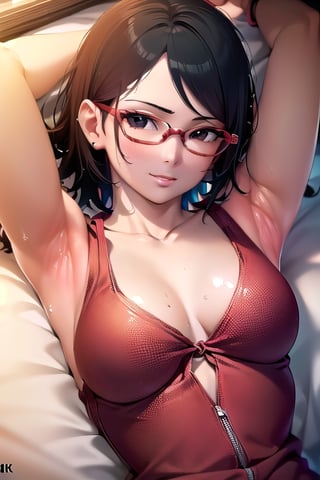 Realistic, (((Photorealistic))), beautiful girl (((masterpiece))), (((hd shot))), absurdres, (((intricate details))), (colorful),((cinematic lighting)),bust shot,(((extremely detailed CG unity 8k wallpaper))),1girl, short hair, sarada uchiha, ((red tank top)), smile, black eyes, red glasses, bed, lying_down, flowing hair, showing armpit