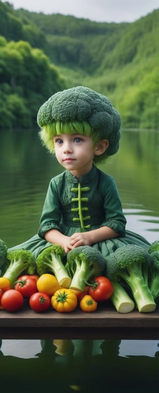Envision a hyper detailed teen girl with broccoli hair mixed with vegetables, she became ambassador of vegetables, sitting on a bench made from vegetables and fuits, lush green nature background with a glittery lake, best quality, absurdres, 16k, masterpiece, photo studio lighting composition,brccl, cinematic, vivid color, high contrast, HDR, ULTRA HD,  professional photography, bokeh, wide lens camera shot, mesmerizing fantasy atmosphere