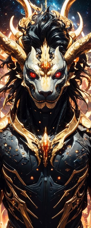 (Photography + Abstract Expressionism + Realism), Golden Mythical Lion, Wild looks, savage, toned body, horned, gigantic collar on neck, Starry Red Eyes, Space Nebula Background, High Quality, 8k, Ultra-Detailed,divine beast, realistic fantasy,full_mask