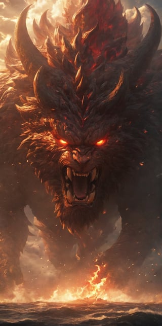 (((masterpiece, best quality, ultra-detailed, photorealism))), an angry beast, rage instantly billowed up from the depths of its heart, its fury soared to the heavens, creating unending light of chaos, Lenkaizm , JRP style,BJ_Sacred_beast, movie still, wallpaper, ,Movie Poster,MoviePosterAF