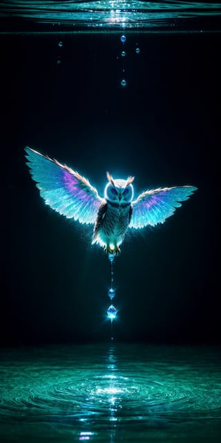 Lenkaizm prompt: an owl fairie ghost swimming on a percelain water sink in washroom, iridescent, luminescent, light beams, sparking water, perfect composition, award winning, perfect composition, beautiful detailed intricate, 16k artistic photography, photorealistic concept art, soft natural volumetric cinematic perfect light, stunning render quality 