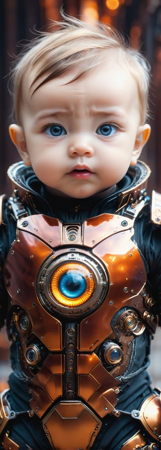best quality, high resolution, 8k, realistic, sharp focus, (hyperdetailed:1.4), high contrast, (hdr:1.6), Lenkaizm, full body shot, photorealistic image of baby,  very realistic eyes, wears biomechanics armor, dynamic pose, reflection, bokeh, Temple background, blurry_light_background, Movie Still, photo r3al,Extremely Realistic,ministop,DonMCyb3rN3cr0XL , konbini,steampunk style