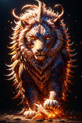 Generate a fantastic beast,  unicorn head, owl eyes, bear body, snake tail, dragon wings, horse leg, tiger claw, lion fur, shark scales, eagle feather, masterpiece, super detailed, super realistic, intense backlight
