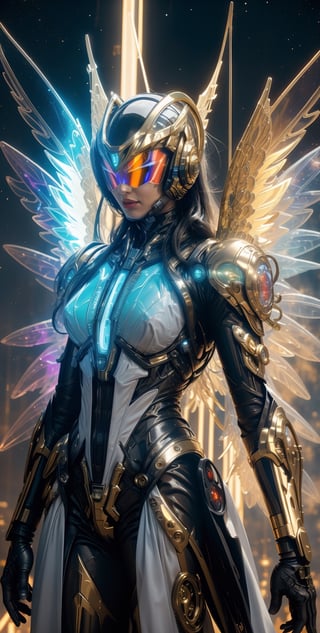 Generate a image of a dystopian cyberpunk Archangel, godlike appearance, muscular body, stars radiant clothes, big wings powered by jet booster, holy halo helmet made from transparent glass, veined muscles, starry nebula background, planets, dramatic, cinematic, magical aura, mysterious mist, neon glow concept art, sharp focus, high detail,Detailed face, full body shoot, from below angle, wide camera, picrealism,wrenchsmechs