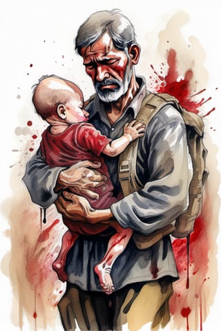  color ink drawing, a sad crying father carrying his bloody child in the midst of war, sharp focus, complex_background, extremely detailed, thick brush, lenkaizm, award-winning art, algorithmic artistic, best quality, masterpiece. 