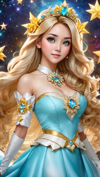 Hasilkan photo real version dari karakter ((Rosalina)) yg berasal dari Video Games, wajah European Girl, Rosalina tampil dengan busana Star Dress, mata warna cyan eyes, nama model rambutnya klo kata org bule (large bang of her hair covers her right eye), star fragment cover, star galaxy background, mahkota crown princess dengan yellow star jewel, expression cute dan centil bak mempesona, tampak utuh full body, tampilan gemoy feminine, photo ini harus terlihat seperti di photo studio dan diambil oleh the best cameraman terbaik seantero jagat untuk menghasilkan komposisi gambar yang memuaskan setiap mata yang melihatnya. 
"hahahaha... I love Indonesia" :p