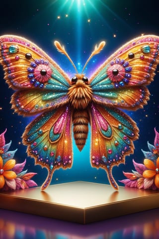 draw a cheerful cute fuzzy psychedelic moth on a strangely decorated stage, diverse and colorful, high depth of field, soft lighting, glitter, photorealistic, highly detailed, best quality, 16k, all picture in frame, centered, shiny reflection, sharp shadow, cinematic, (masterpiece:1.5) 