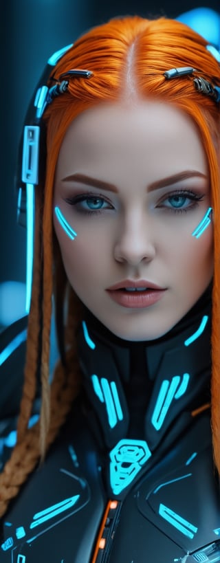 ((top-quality)), ((​masterpiece)), (((best-detail))), ((hyper realistic image)), Envision a beautiful face cyber police, fiery orange hair, Very long braids,blue eyes,semi parted lips, cyber mechanical Warframe, Decorated with luminous lines and rivets streamer LED effect,(cyberpsycho:1.4), cyberpunk elements, cyber parts, looking at camera, Raw Photo,Movie Still,cyberpunk