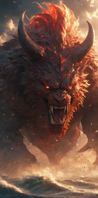 (((masterpiece, best quality, ultra-detailed, photorealism))), an angry beast, rage instantly billowed up from the depths of its heart, its fury soared to the heavens, creating unending light of chaos, Lenkaizm , JRP style,BJ_Sacred_beast, movie still, wallpaper, ,Movie Poster,MoviePosterAF