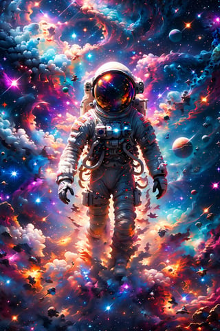 Create an image that combines the elements of space exploration with abstract and colorful cosmic phenomena. Include an astronaut floating amidst vibrant nebulae, stars, and other celestial bodies, evoking a sense of wonder and the unknown.