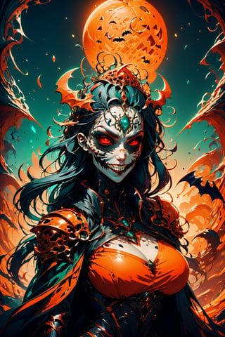 16k, masterpiece digital art, 1girl, vampire queen clad in golden armor, long black hair, sharp red eyes, evil smile, red lips, 2 fang teeth, black smokes comes out of her mouth, eye in forehead, big breast, wide hip, thick leg, tall posture, wearing red robes with wide necks, Halloween theme atmosphere, lenkaizm, ray tracing, volumetric mist, intricate detailed, this image should have sharp focus and smooth color composition, intricate detailed, ,DonMG414 ,horror,Illustration