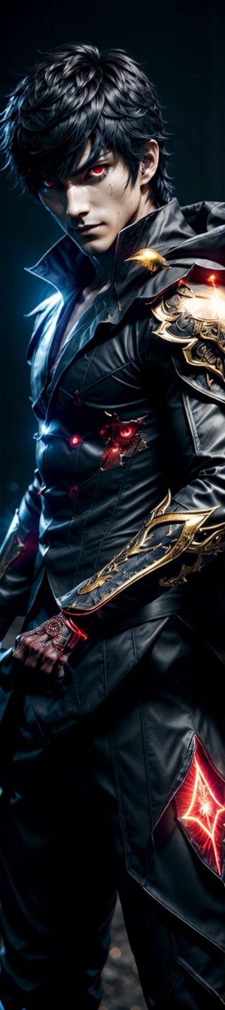 1 man, handsome, ren amamiya, glowing red eyes, sharp look, super detailed eyes, evil smile, super detailed face, dual wielding his signature assasin weapon, wear trickster assasins suit embroidered with golden shiny persona symbol, masterpiece, best quality, 
high resolution, 8k, intricate detail, detailed face, glowing, elemental lightning mixed with fire wind light, backlight, omni light medium brightness, semi realistic mixed with 3d anime style, ,blurry_light_background