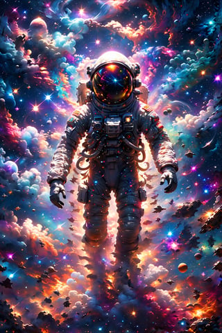 Create an image that combines the elements of space exploration with abstract and colorful cosmic phenomena. Include an astronaut floating amidst vibrant nebulae, stars, and other celestial bodies, evoking a sense of wonder and the unknown.