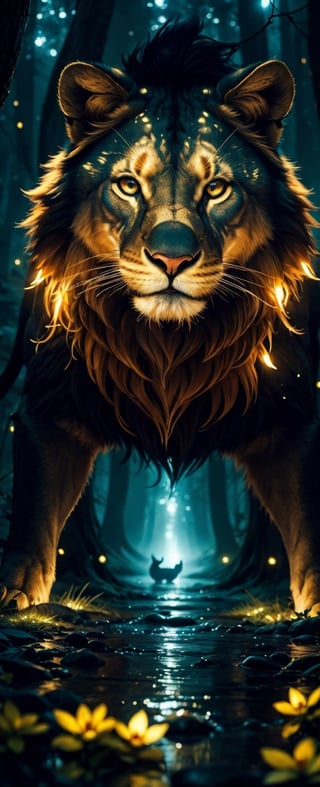 (masterpiece, best quality), (hyper-realistic:1.4), Lenkaizm, 8k, Envision a majestic angry Lion wit cat amalgam, in the center of Magical Dark Forest Lake, muscular, armored, foggy, in the late twilight, sharp shadow, soft focus, motes of lights, glowing flowers, glowing butterfly, magical style, water reflection, intricate details, colorful, abstract, close up,magic-fantasy-forest