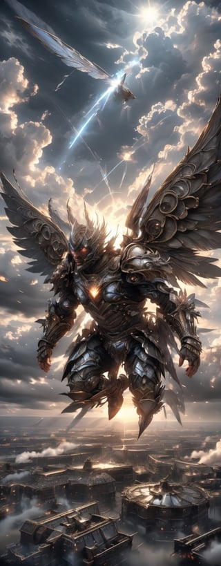 Envision a male winged hero, flying in the sky, thick armor, best quality, high resolution, 8k, (hdr:1.2), fr4ctal4rmor, fantasy land, aerial photography, extremely dramatic, flying pose,  bright cloudy sky, ,EpicSky,fr4ctal4rmor,wings