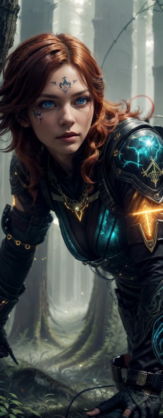 Envision an astral chain warrior, blue eyes, red hair, multiple streaks of electric light strand around body, wears thick golden shoulder pad protector, glowing nuclear-powered long pants,best quality, vivid color, 8k, Ultra HD, extremely details texture, ultra realistic,more detail XL,  fullfil the requirements to make stunning image that can awe every viewer, imagined reality into fantastic fantasy, dramatic, intricate details, algorithmic epic, intense side lighting, magic-fantasy-forest, close up  low angle, sunshine