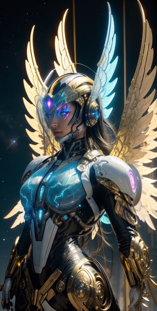 Generate a image of a dystopian cyberpunk Archangel, godlike appearance, muscular body, stars radiant clothes, big wings powered by jet booster, holy halo helmet made from transparent glass, veined muscles, starry nebula background, planets, dramatic, cinematic, magical aura, mysterious mist, neon glow concept art, sharp focus, high detail,Detailed face, full body shoot, from below angle, wide camera, picrealism,wrenchsmechs