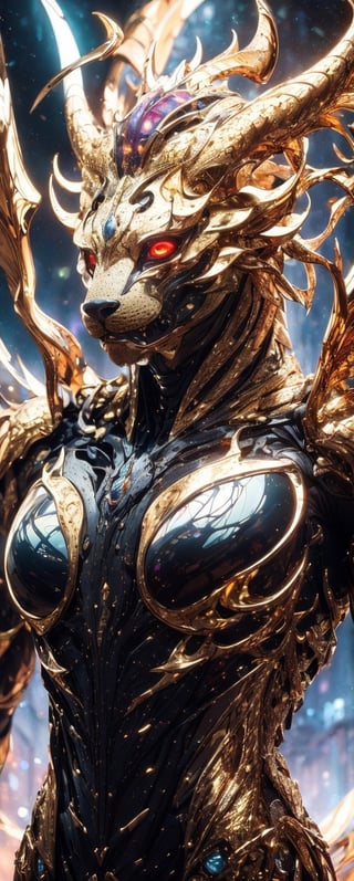 (Photography + Abstract Expressionism + Realism), Golden Mythical Lion, Wild looks, savage, toned body, horned, gigantic collar on neck, Starry Red Eyes, Space Nebula Background, High Quality, 8k, Ultra-Detailed,divine beast, realistic fantasy,full_mask