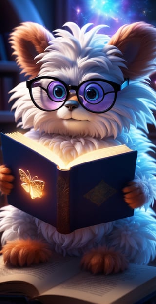 fuzzy creature wearing glasses reading magic book, digital art style, high_res, 8k, HDR, high quality, hyper-detailed, cinematic lighting 