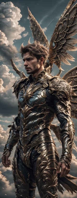 Envision a male winged hero, flying in the sky, multiple arrow pierce his body, best quality, high resolution, 8k, (hdr:1.2), fr4ctal4rmor, war background, from below angle shot, extremely dramatic, dynamic pose, bloody ground, bright cloudy sky, 