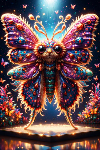 draw a cheerful cute fuzzy psychedelic moth on a strangely decorated stage, diverse and colorful, high depth of field, soft lighting, glitter, photorealistic, highly detailed, best quality, 16k, all picture in frame, centered, shiny reflection, sharp shadow, cinematic, (masterpiece:1.5) ,BJ_Sacred_beast