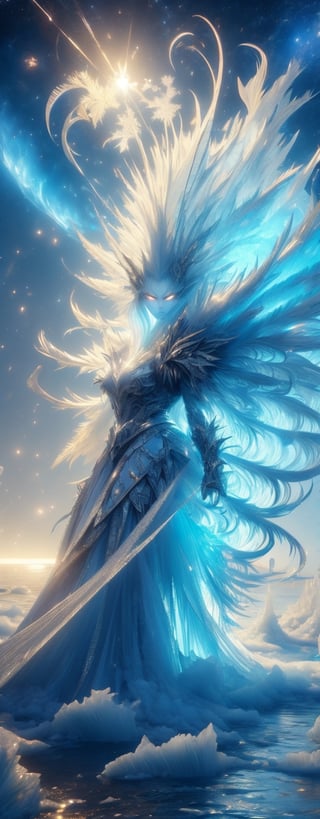 Ice theme, 1man, solo, very muscular body, blue starry eyes, long spiky hair, white hair, angry, powerful appearance, magical surrealism, thick double layer armored blue metal golden robe, warframe, astral chain, ice_wings, standing on icy lake, Gorgeous, ethereal aura, ray tracing, sidelighting, detailed face, bright skin, dreamlike atmosphere, starry nebula background, Sharp glossy focus, equirectangular 360, Highres 8k, extreme detailed, aesthetic, masterpiece, best quality, rich texture, kinetic move effect, colorful,Movie Still,r1ge,IceElementCh,ice_sculpture,ic34rmor,DonMGl4c14l,DonMSn0wM4g1c