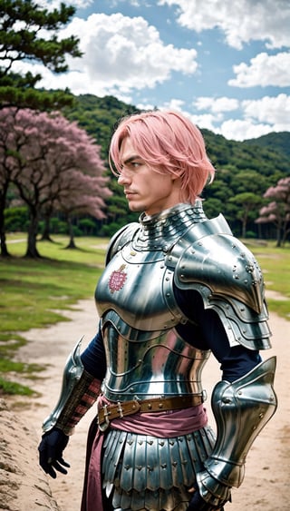 define gilthunder from nanatsu no taizai : "realistic body muscle, bare chest with armored suit, short pink hair, low angle photo, realistic, kingdom and forrest in the background,gilthunder_nanatsu_no_taizai