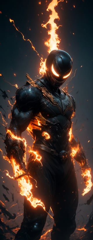 (((MASTERPIECE, best quality, highres, 8k, UHD, HDR))), (future technology), (close-up), (flying over burned city), venom face helmet, musculature, muscle, biomechanical long metal pant embroidery with glowing tetemic skull, blue to purple gradient background, glowing machine cord across the body, ((intense glowing neon light on muscle fiber)), black and golden steel, dark and sinister, volcano in the background, futuristic atmospheric world, nuclear machine, thermodynamic reactor body, Wonderful light and shadow effects, light particles, mixed machine with alien technology to show unique combination of absurdity of machinations, create an eye-stunning visual to bring viewer to the land of fantasy and machines, ,DonMM4ch1n3W0rld ,Gold_Zeo_Ranger, r1ge, chaotic, apocalyptic, visually encouraging,ven0mancer,venom