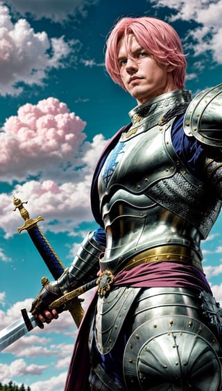 define gilthunder from nanatsu no taizai : "realistic body muscle, bare chest with armored suit, short pink hair, holding electric sword, low angle photo, realistic, kingdom and forrest in the background,gilthunder_nanatsu_no_taizai", 4k Ultra HDR high quality image, masterpiece