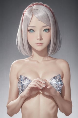 1 girl, medium length hair, braid hair, silver hair, Exquisitely perfect symmetric very gorgeous face, perfect breasts, Exquisite delicate crystal clear skin, Detailed beautiful delicate eyes, perfect slim body shape, slender and beautiful fingers:0.9,nice hands, perfect hands, ,Young beauty spirit
,female,haruno sakura