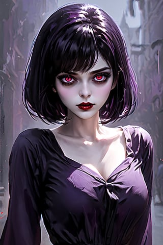 (((masterpiece:1.2))) anime style, cartoon, comic, anime comic, medium dark colors, soft tones, lighting details, 1girls, original_character,vampyr,glowing red eyes, fangs teeth ,black painted lips, pastel purple eyes, long black hair dark gray background, short-hair bangs, defined eyebrows, surreal,dal
