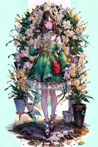 1girl, solo, long hair, looking at viewer, blush, simple background, brown hair, long sleeves, white background, dress, ribbon, jewelry, standing, full body, hair ribbon, flower, earrings, shoes, bag, black footwear, black ribbon, leaf, wavy hair, floral print, bottle, plant, white flower, green dress, handbag, shoulder bag, yellow flower, green ribbon, collared dress, grey dress, vase, jar, perfume bottle