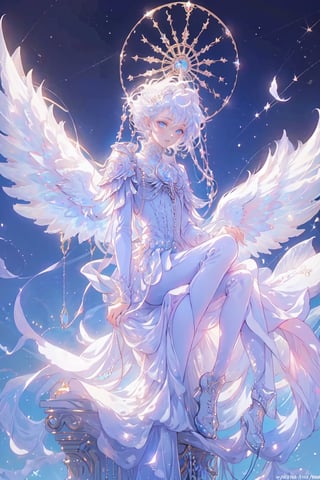 8k, Fluffy White Angel male perched upon golden bejeweled tower in a heavenly utopian city, huge feathery angel wings, glowing nebula eyes, white flowing clouds, ivory armor with diamond gem inlay, trending on artstation, sharp focus, studio photo, intricate details, highly detailed, by tim burton,