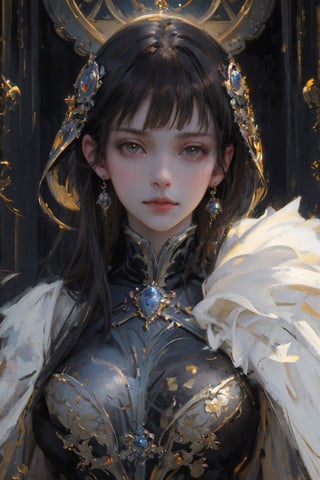 (Masterpiece, Top Quality, Best Quality, Official Art, Beauty and Aesthetics: 1.2), hdr, high contrast, wide shot, 1girl, long straight black hair, blunt bangs, cheering for the audience, noticeable brown eyes, long light eyebrows , soft makeup, gradient lips, hourglass figure, big breasts exposed, finger details, background details, ambient lighting, extreme details, cinematic shots, realistic illustrations, (Ultra Detail: 1.2), Swordsman,perfect,portrait,illustration,masterpiece