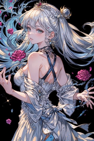 long hair, breasts, looking at viewer, blush, bangs, multiple girls, black hair, hair ornament, dress, 2girls, bare shoulders, jewelry, upper body, flower, white hair, earrings, parted lips, off shoulder, white dress, black dress, grey eyes, rose, tiara, crown, back-to-back