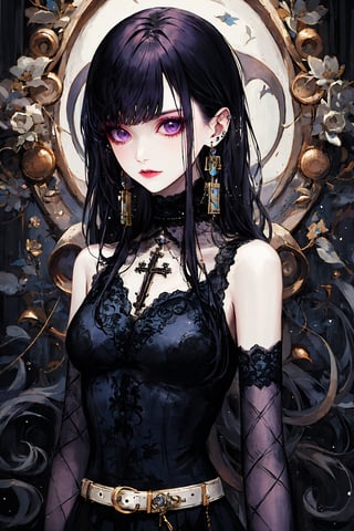 1girl, solo, long hair, looking at viewer, bangs, black hair, dress, bare shoulders, jewelry, closed mouth, purple eyes, upper body, earrings, detached sleeves, belt, makeup, piercing, cross, ear piercing, cross earrings, gothic,shaonv